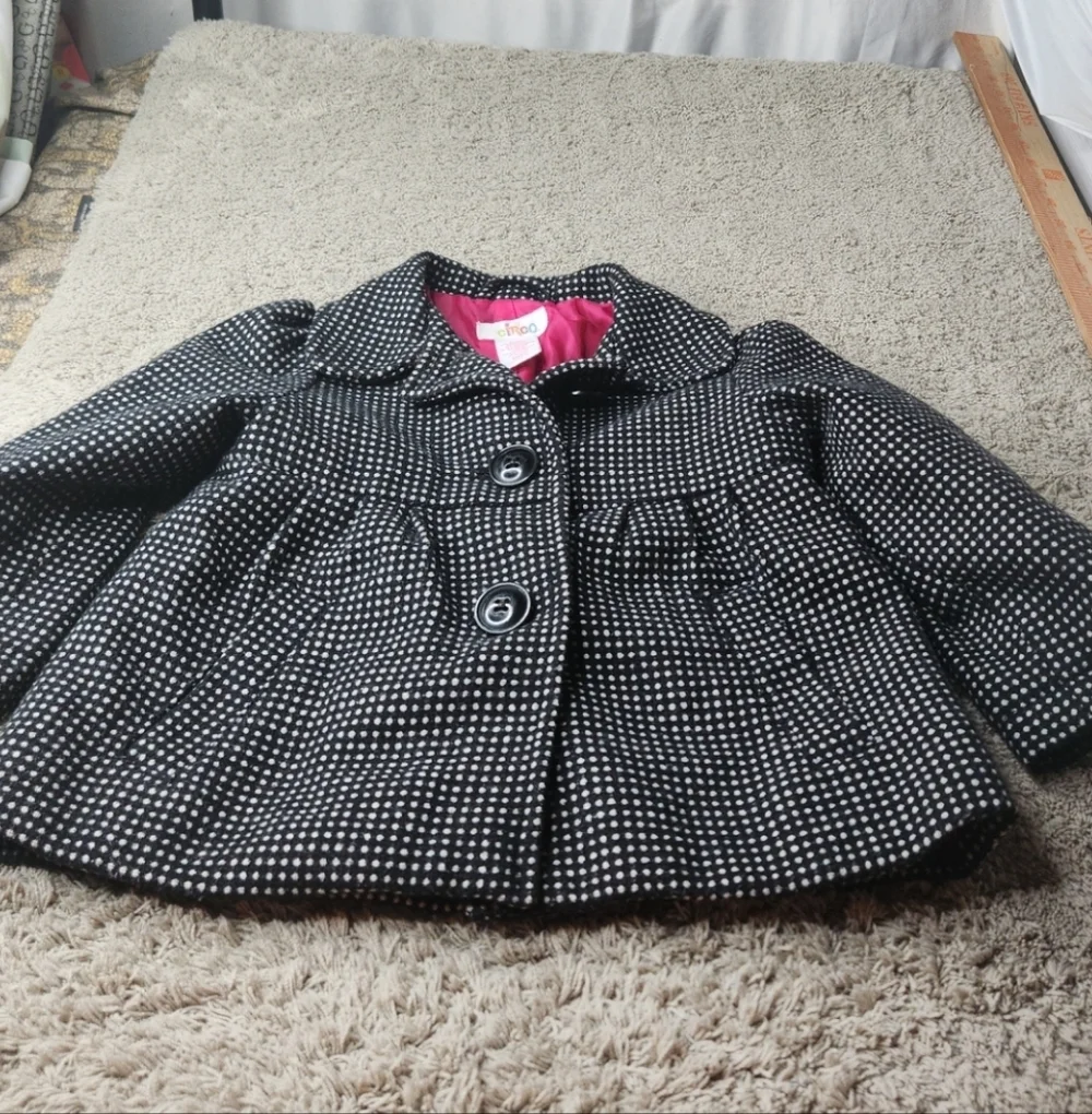 Toddler's Black and White Micro Polka Dot Peacoat with Button Detail 18M